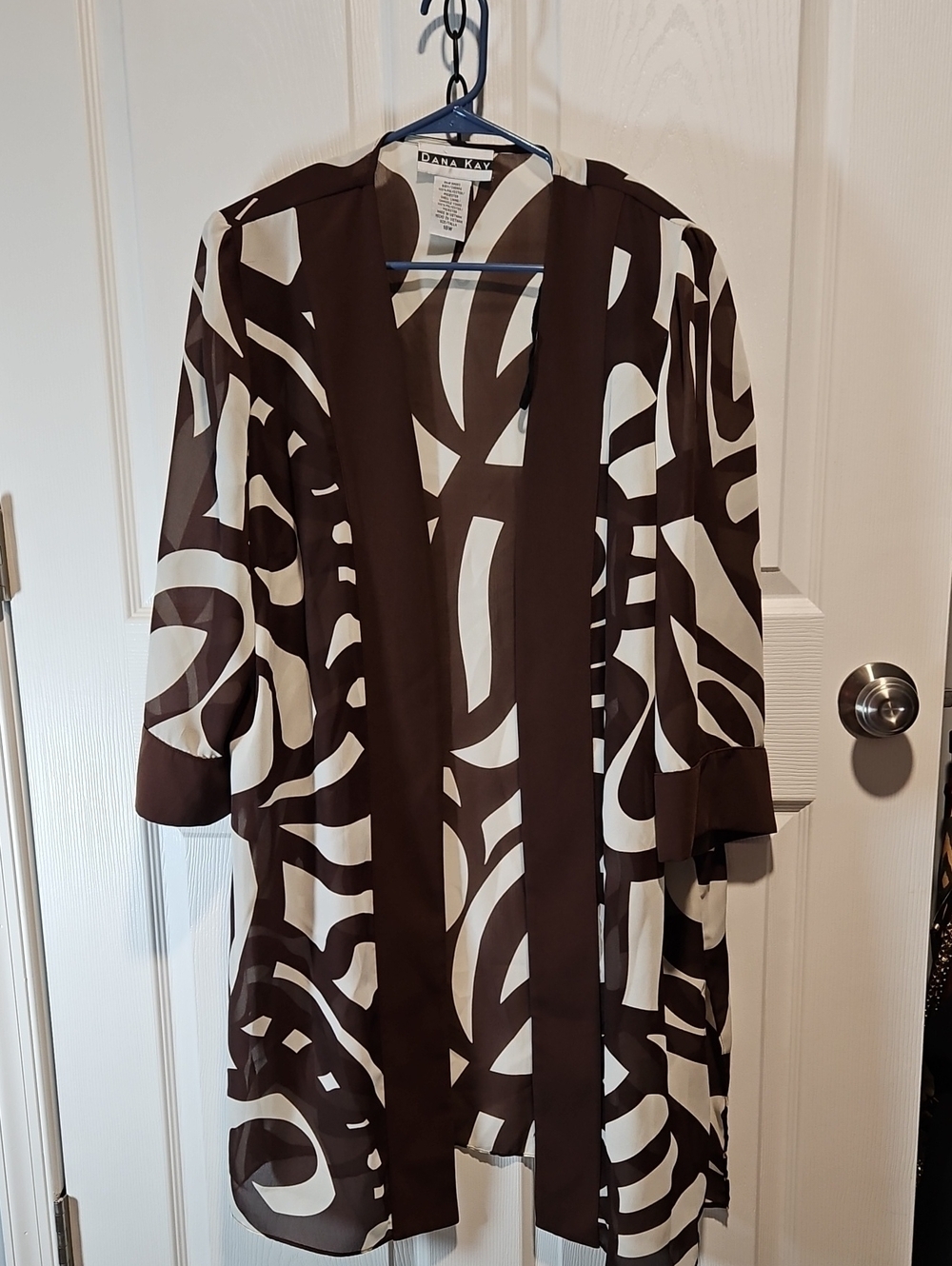 Dana Kay Vintage Y2K Abstract Print Sheer Kimono Duster Cardigan Brown Cream